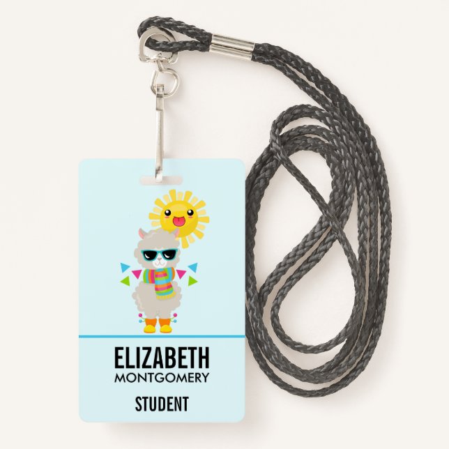 Cool Llama and Smiling Kawaii Sun ID Badge (Front with Lanyard)