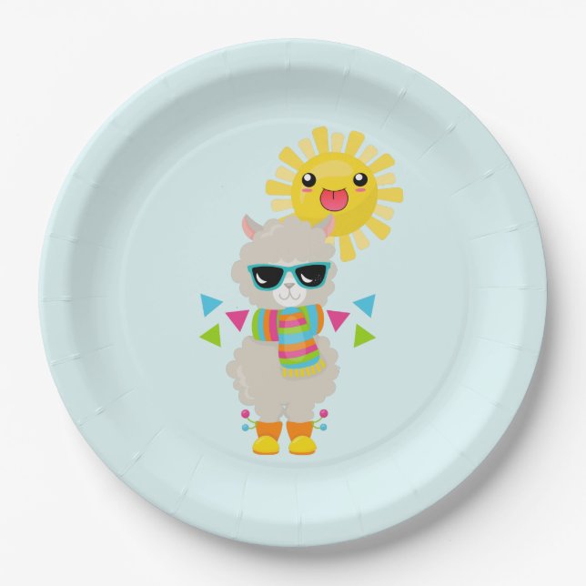 Cool Llama and Smiling Kawaii Sun Paper Plate (Front)
