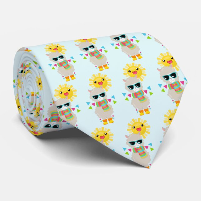 Cool Llama and Smiling Kawaii Sun Pattern Tie (Rolled)