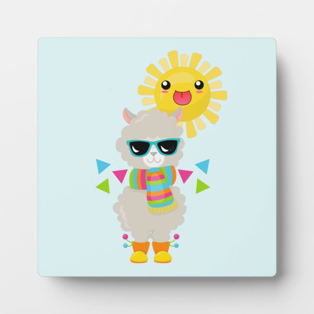 Cool Llama and Smiling Kawaii Sun Plaque (Front)