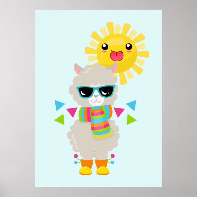Cool Llama and Smiling Kawaii Sun Poster (Front)