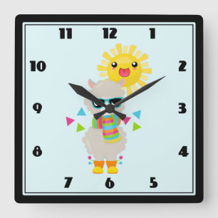 Cool Llama and Smiling Kawaii Sun Square Wall Clock