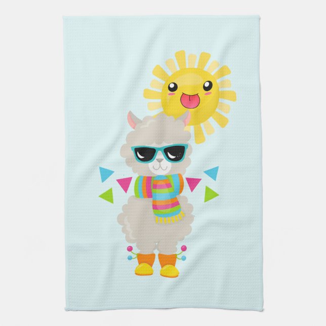 Cool Llama and Smiling Kawaii Sun Tea Towel (Vertical)