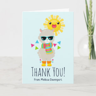 Cool Llama and Smiling Kawaii Sun Thank You Card