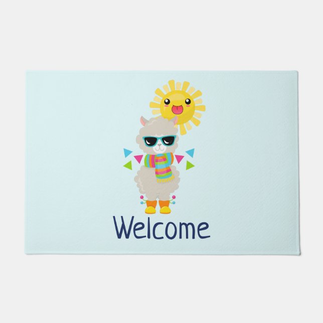 Cool Llama and Smiling Kawaii Sun Welcome Doormat (Front)