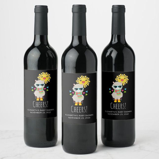 Cool Llama and Smiling Kawaii Sun Wine Label (Bottles)