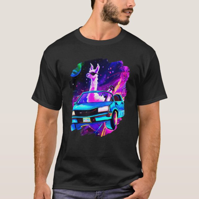 Cool Llama Driving Sports Car In Space Alpaca  Lla T-Shirt (Front)