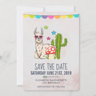 Cool llama in Heart-Shaped Sunglasses Birthday Save The Date