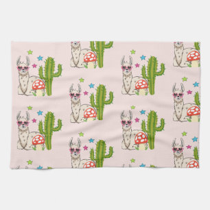 Cool llama in Heart-Shaped Sunglasses Pattern Tea Towel