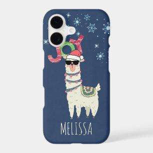 Cool Llama in Santa Hat with Snowflakes Christmas