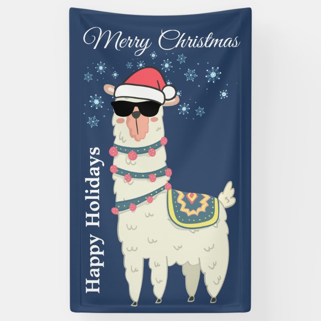 Cool Llama in Santa Hat with Snowflakes Christmas Banner (Vertical)