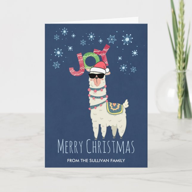 Cool Llama in Santa Hat with Snowflakes Christmas Card (Front)
