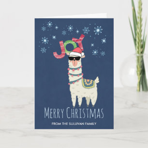 Cool Llama in Santa Hat with Snowflakes Christmas Card