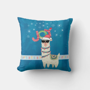 Cool Llama in Santa Hat with Snowflakes Christmas Cushion