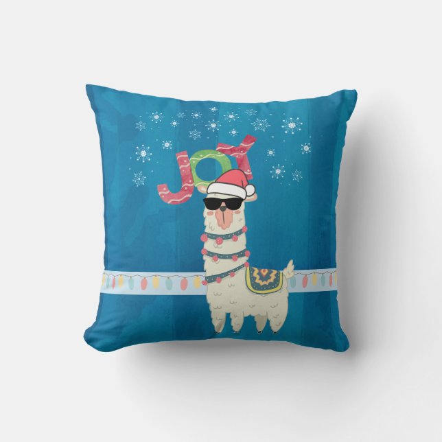 Cool Llama in Santa Hat with Snowflakes Christmas Cushion (Front)