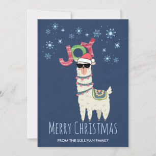 Cool Llama in Santa Hat with Snowflakes Christmas Holiday Card