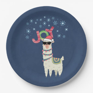 Cool Llama in Santa Hat with Snowflakes Christmas Paper Plate