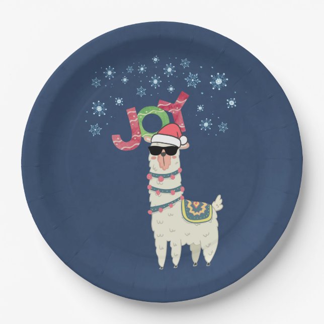 Cool Llama in Santa Hat with Snowflakes Christmas Paper Plate (Front)