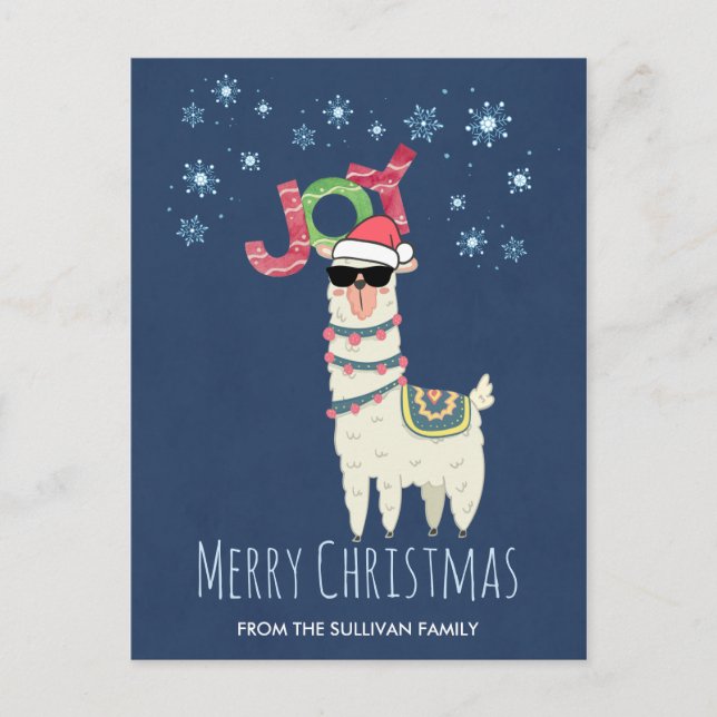 Cool Llama in Santa Hat with Snowflakes Christmas Postcard (Front)
