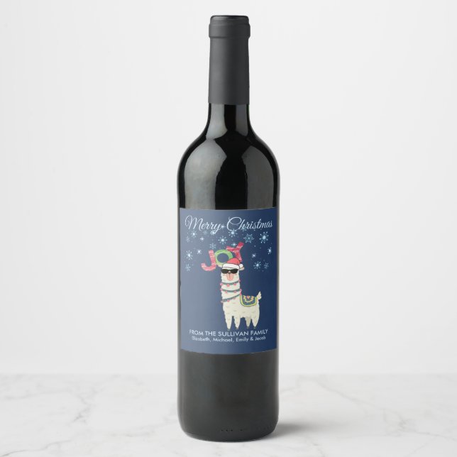 Cool Llama in Santa Hat with Snowflakes Christmas Wine Label (Front)