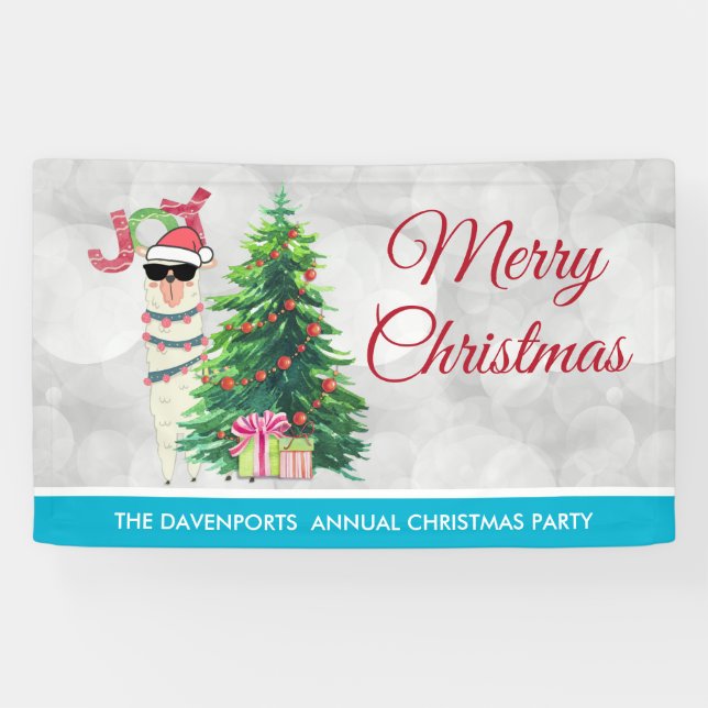 Cool Llama on Silver Bokeh & Icy Blue Christmas Banner (Horizontal)