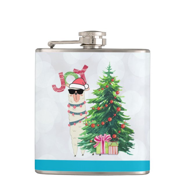 Cool Llama on Silver Bokeh & Icy Blue Christmas Hip Flask (Front)