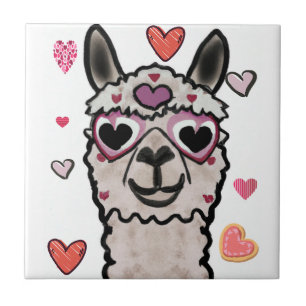 Cool Llama with Heart Glasses Ceramic Tile