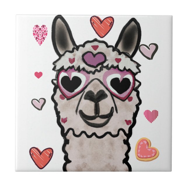 Cool Llama with Heart Glasses Ceramic Tile (Front)