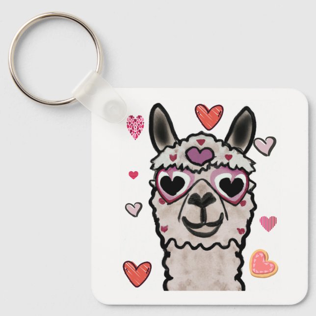 Cool Llama with Heart Glasses Key Ring (Front)