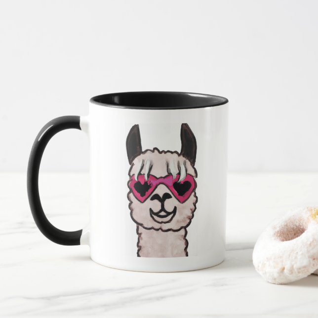 Cool Llama with Heart Glasses Mug (With Donut)