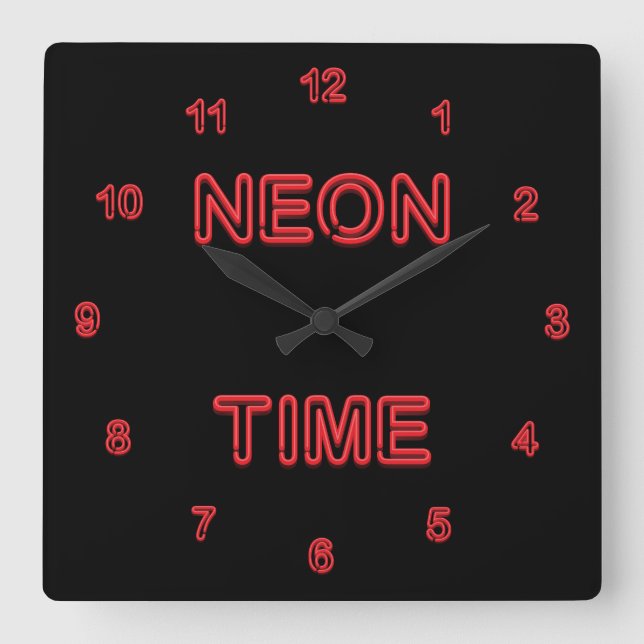Cool Looking Simulated Neon Numbered Square Wall Clock (Front)