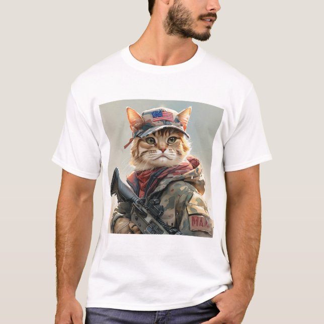 Cool MAGA Cat with Gun and Camouflage Cute AMERICA T-Shirt (Front)