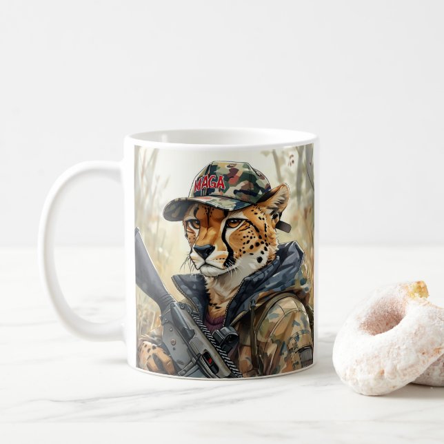 Cool MAGA Cat with Gun & Camouflage CHEETAH Coffee Mug (With Donut)
