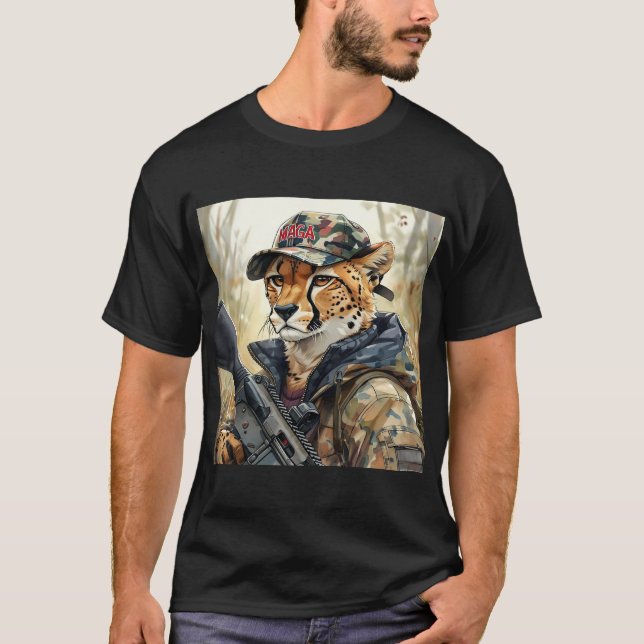 Cool MAGA Cat with Gun & Camouflage CHEETAH T-Shirt (Front)