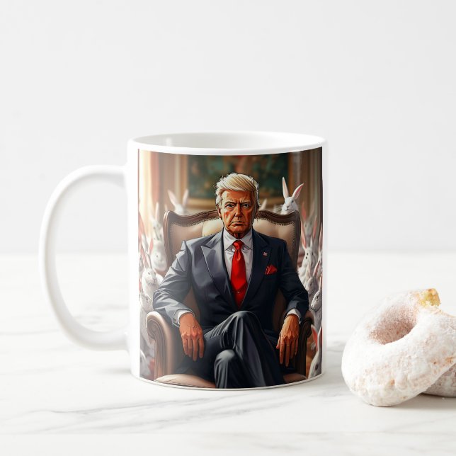 Cool MAGA Rabbit TRUMP surrounded by BUNNYS funny Coffee Mug (With Donut)