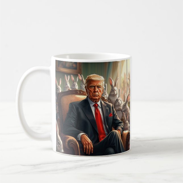 Cool MAGA Rabbit TRUMP surrounded by BUNNYS funny Coffee Mug (Left)