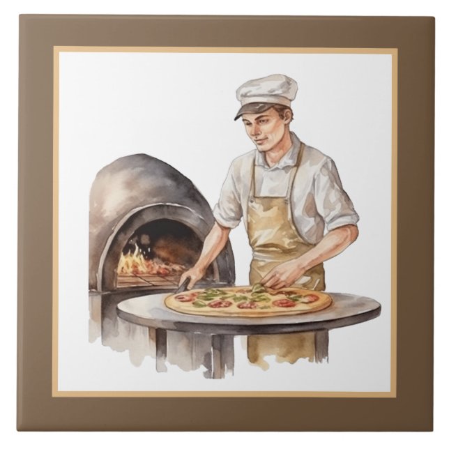 Cool man baking Pizza home Business crafting Ceramic Tile (Front)