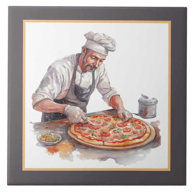 Cool man making pizza home business crafting ceramic tile (Front)