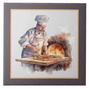 Cool man making pizza home business crafting ceramic tile