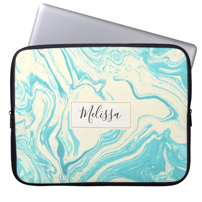 Cool Marble Design in Turquoise and Cream Custom Laptop Sleeve (Front)
