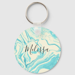 Cool Marble Design in Turquoise and Cream Monogram Key Ring