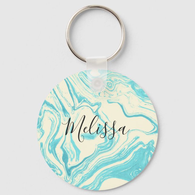 Cool Marble Design in Turquoise and Cream Monogram Key Ring (Front)