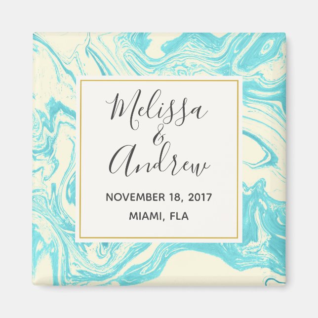 Cool Marble Design in Turquoise and Cream Wedding Magnet (Front)