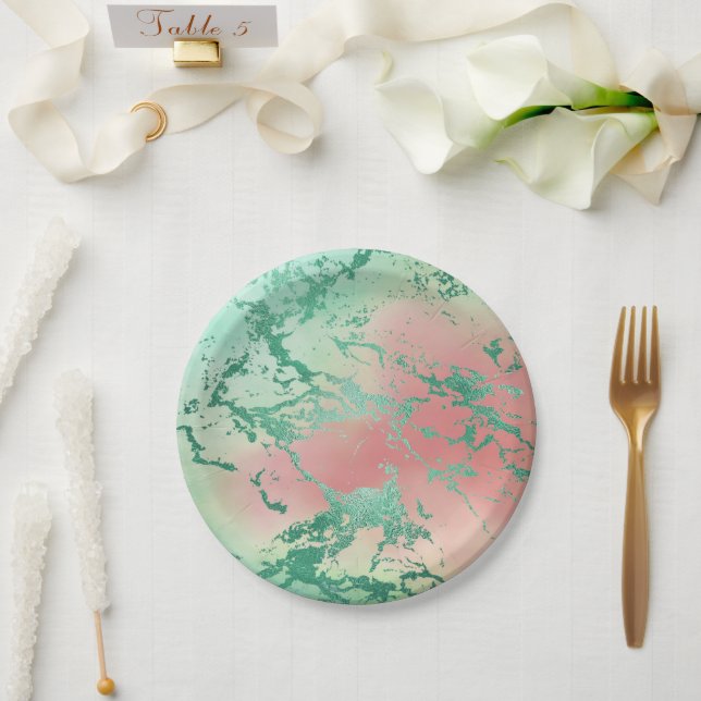 Cool Marble | Lovely Pastel Coral and Green Ombre Paper Plate (Wedding)