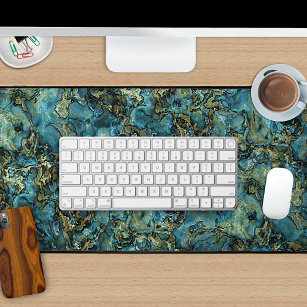 Cool Marbled Teal Turquoise Gold Agate Art Pattern Desk Mat