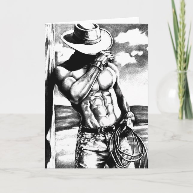 cool masculine fine art drawing cowboy bodybuilder holiday card (Front)