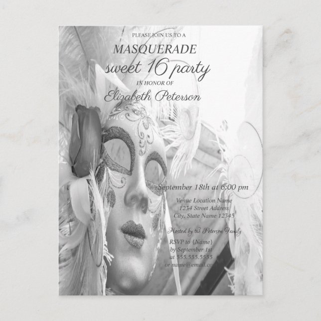 Cool Masquerade Chic Masque Sweet 16  Invitation Postcard (Front)