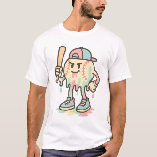 Cool Melting Baseball Mascot with Bat Funny T-Shirt