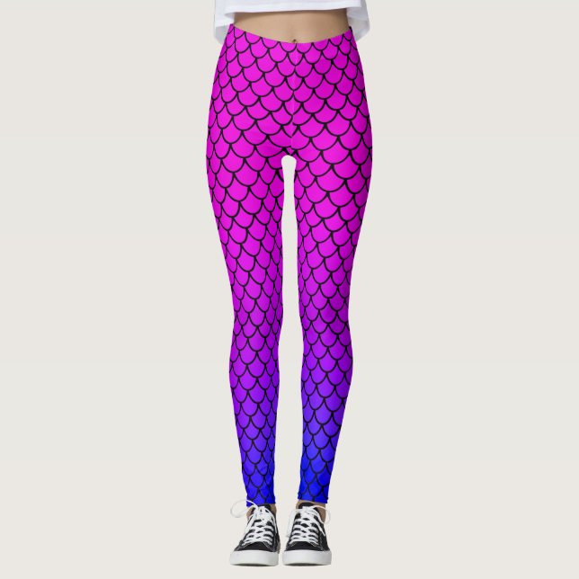 Cool Mermaid Hot Pink Gradient Fish Scales Pattern Leggings (Front)