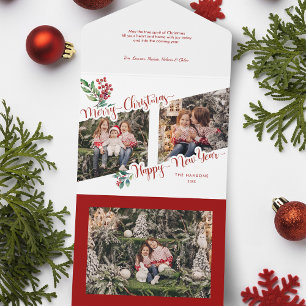 Cool Merry Christmas Calligraphy Holly 2-Photo All In One Invitation